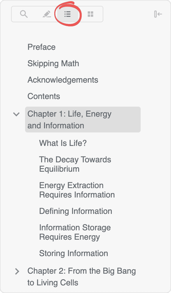 The PDF viewer sidebar with the circled outline button selected, showing a table of contents — Preface, Skipping Math, Acknowledgements, Contents and an expanded Chapter 1 with its sections.